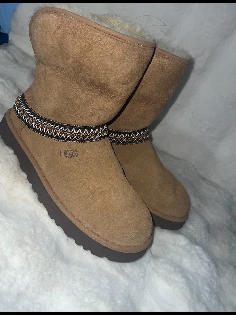 UGG Chestnut Suede Short Shearling Boots with Embroidered Trim